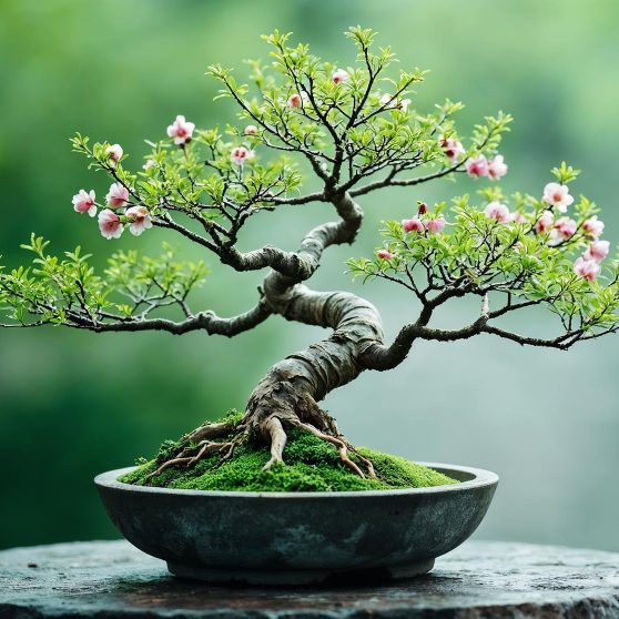 Bonsai mit Schmetterling – Sinnbild für Hingabe und grünen Daumen Bonsai-Baum mit pinken Blüten, grünem Blattwerk und gestutztem Stamm in einer Schale.