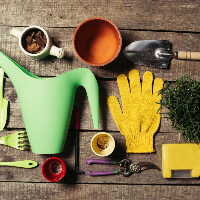 Arbeitsmaterialien Gießkanne, Handschuhe, Schaufel und andere Gartenwerkzeuge auf Holzoberfläche.